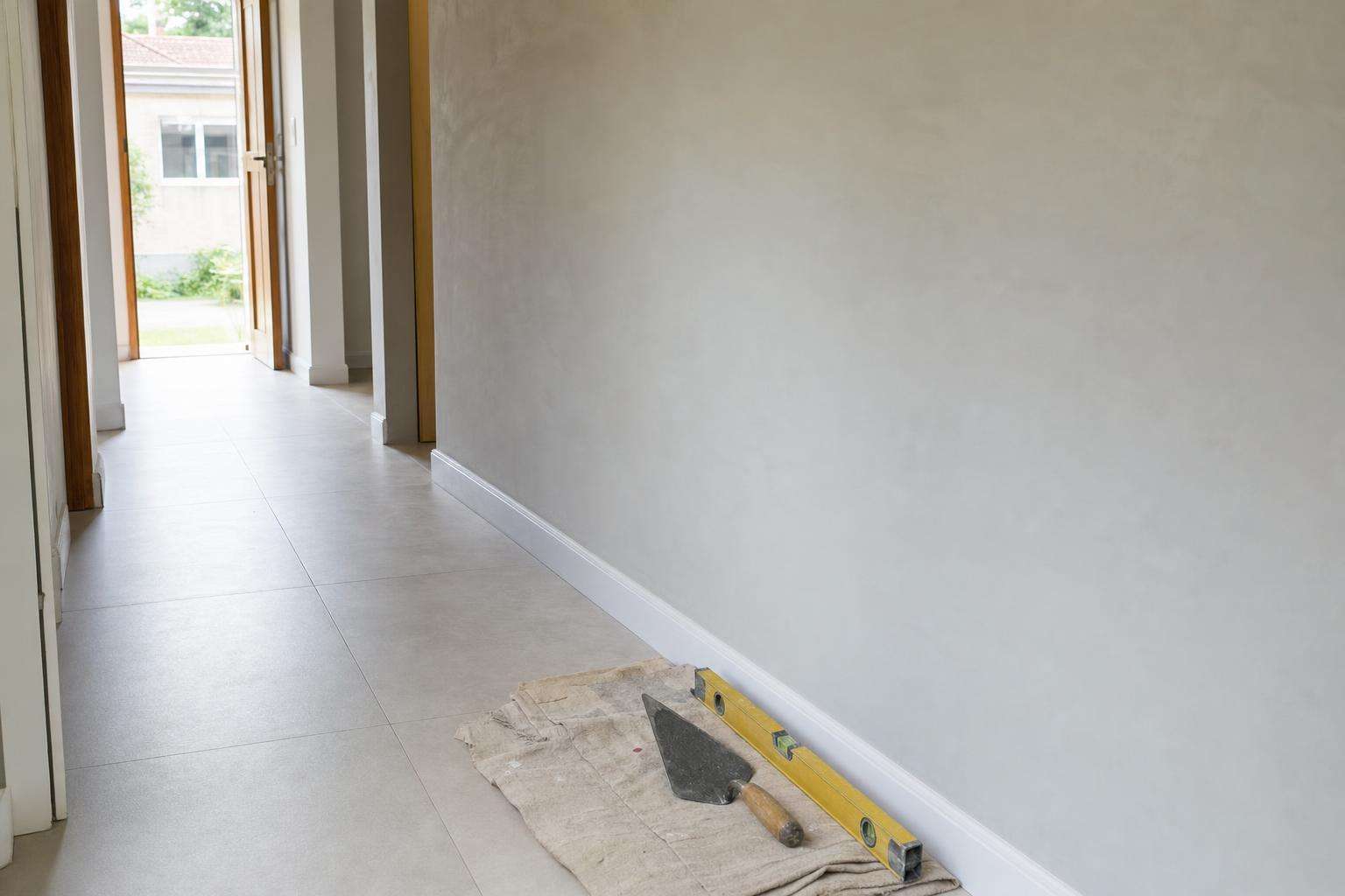 Pared recién revocada y piso de porcelanato nuevo en un chalet: trabajo de albañil en Mar del Plata
