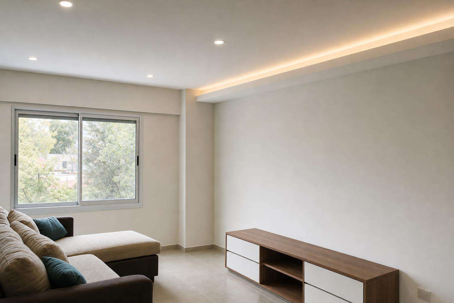 Living con cielorraso de durlock liso, garganta de luz y spots: cielorraso de durlock en Mar del Plata