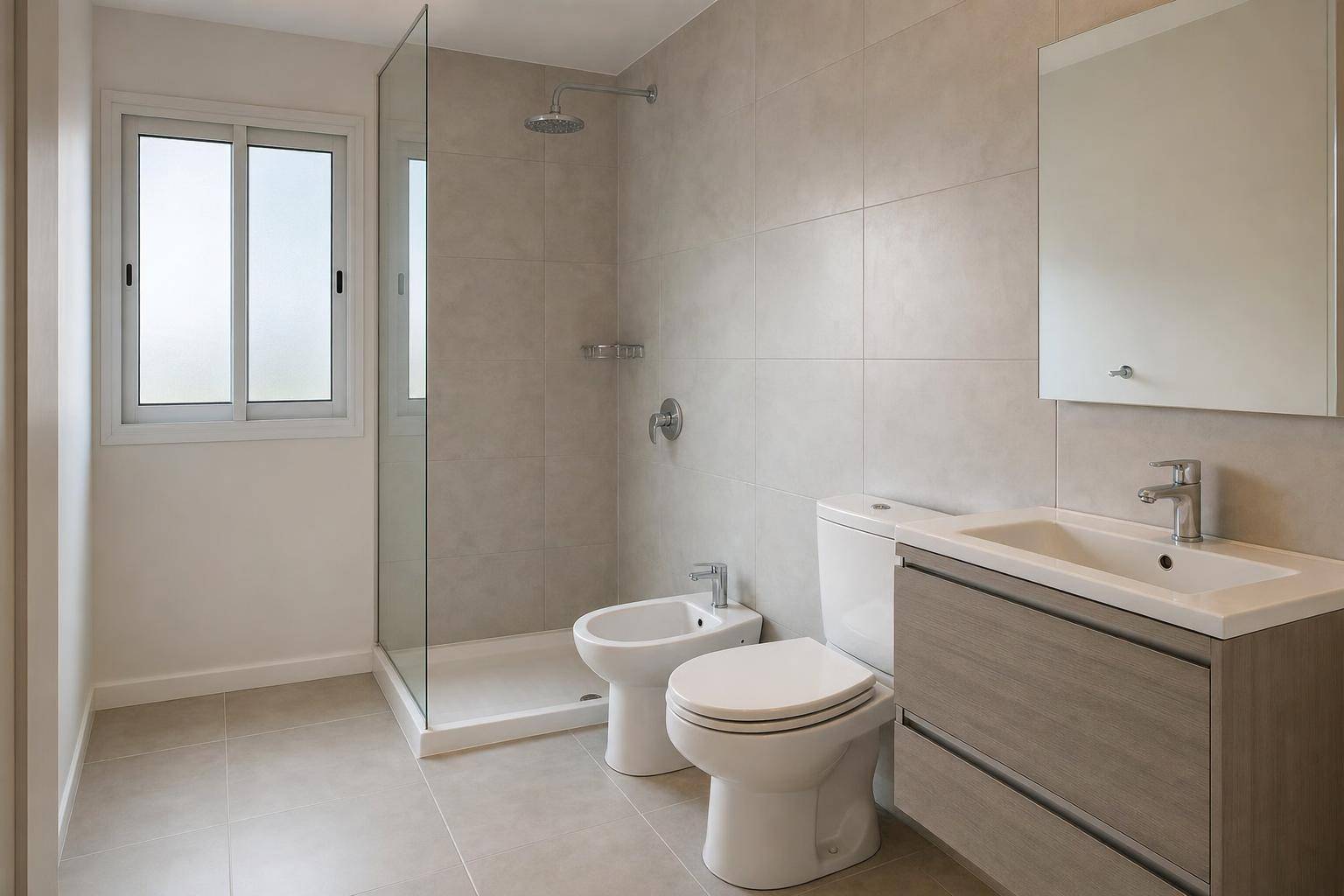 Baño chico terminado con vanitory, inodoro, bidet y mampara: remodelación de baño en Mar del Plata