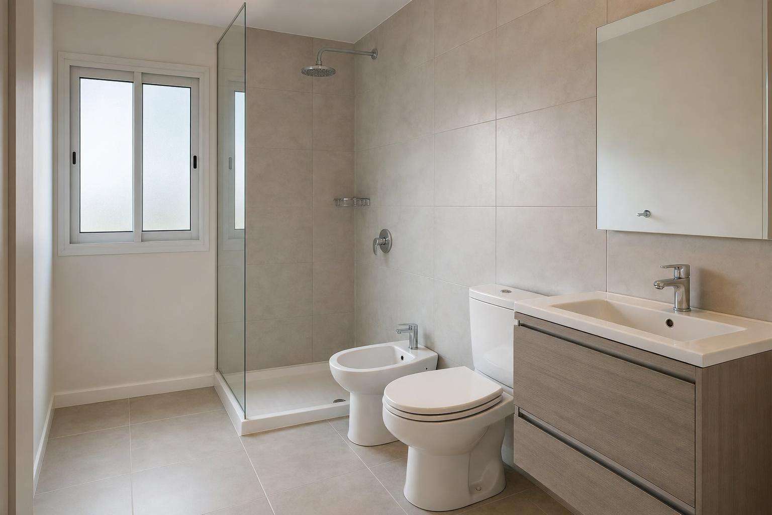 Baño chico terminado con vanitory, inodoro, bidet y mampara: remodelación de baño en Mar del Plata
